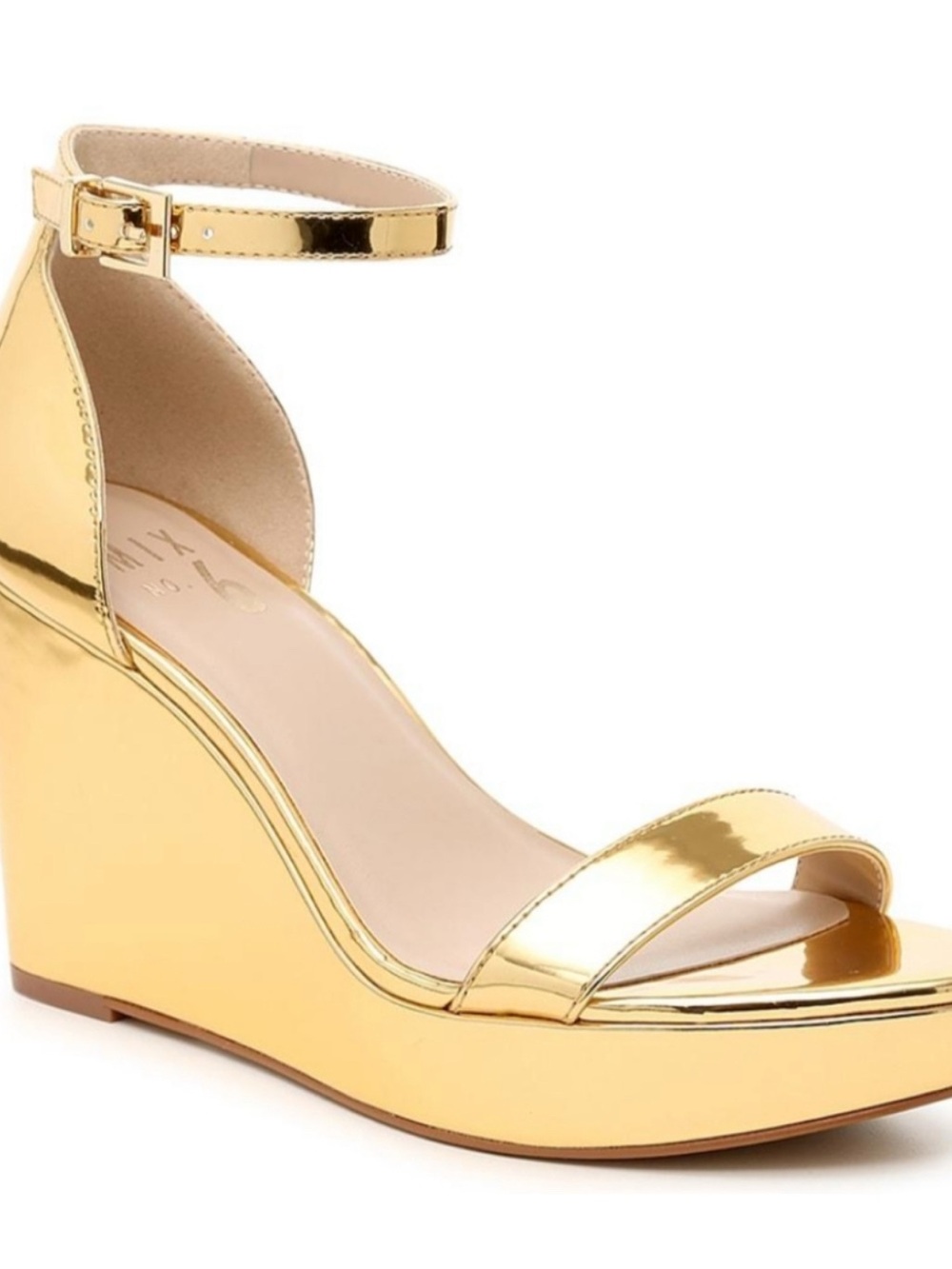 Mix No. 6 Gold Metallic Ankle-Strap Wedge Sandals: Style M6-SAHI Gold Mirror PU